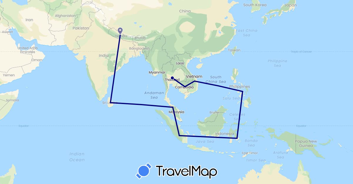 TravelMap itinerary: driving in Indonesia, Cambodia, Sri Lanka, Nepal, Philippines, Thailand, Vietnam (Asia)